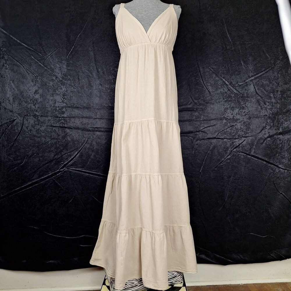 Seaspice Dress Womens L Beige Cotton Smocked Tiered Maxi V Neck Strappy Sundress